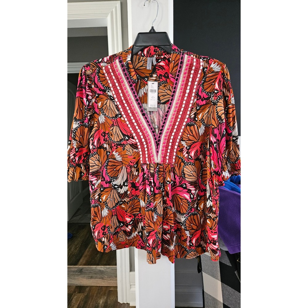 NWT Bl^nk London Anthropologie Stephanie Butterfly Embroidered Blouse Pink XL Pt